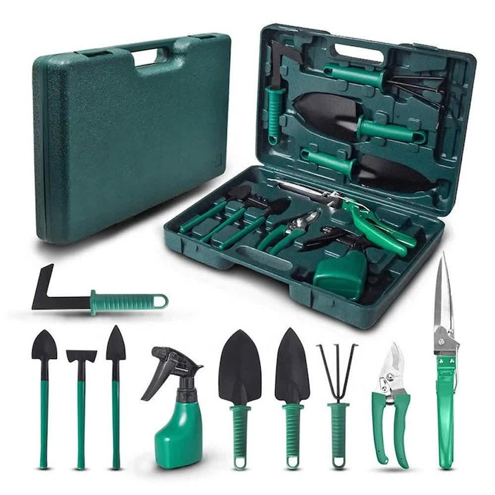 Set unelte gradinarit 10 piese cu valiza foarfeca lopata grebla - Sport si timp liber
