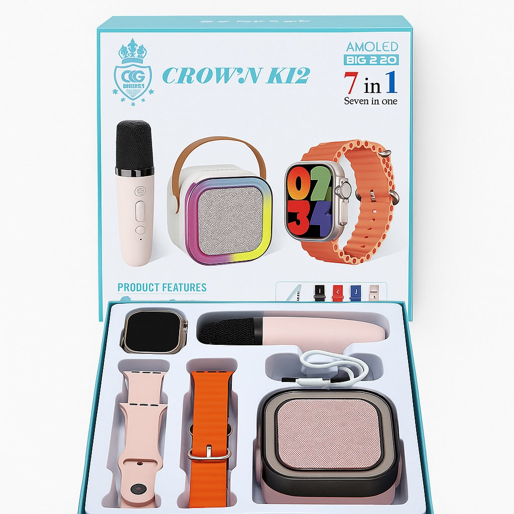 Set Smart 7 în 1 K12 – Smartwatch AMOLED, boxă Bluetooth, microfon karaoke & accesorii cadou