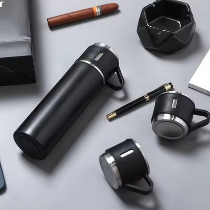 Set termos inox premium – cu 3 cești, negru, ambalaj elegant