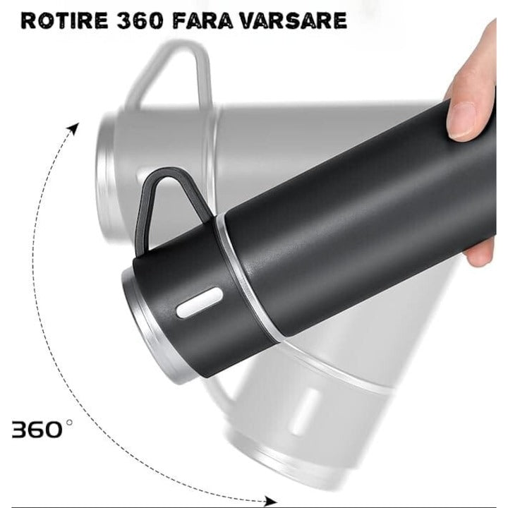 Set termos inox premium – cu 3 cești, negru, ambalaj elegant