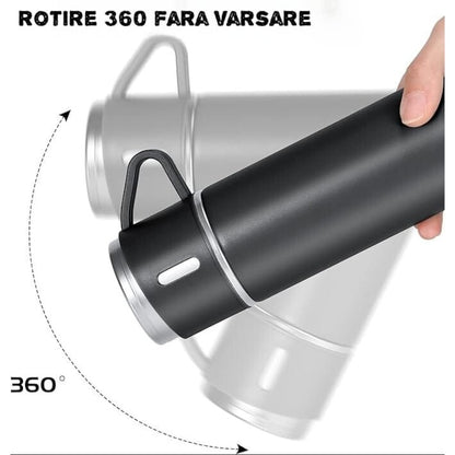 Set termos inox premium – cu 3 cești, negru, ambalaj elegant