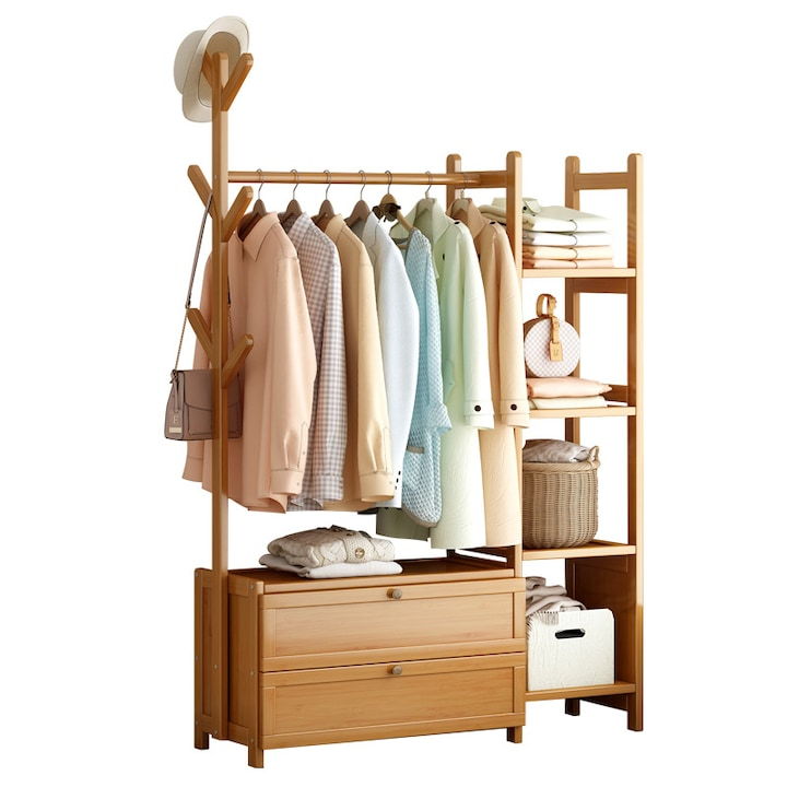 Suport haine bambus multifunctional cu rafturi si umerase 140x100x37 - Mobilier si organizare