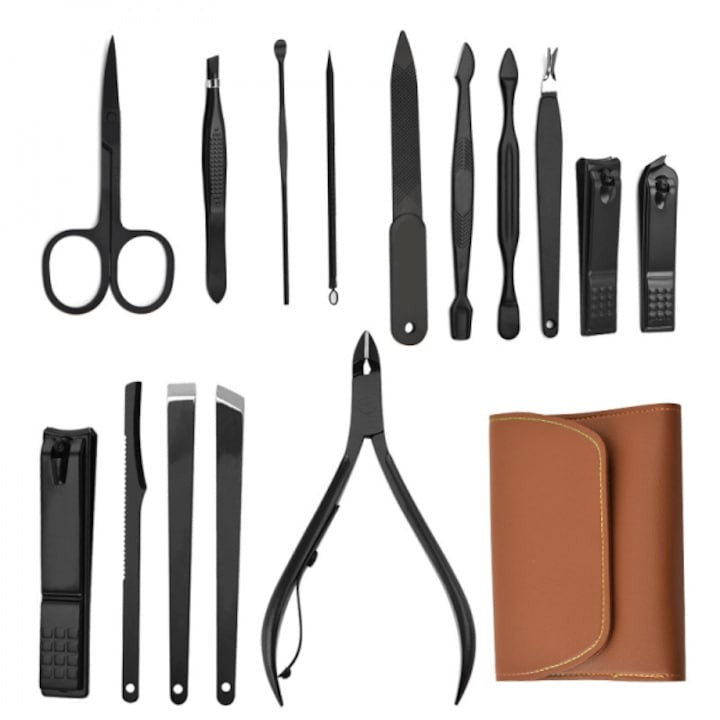 Trusă manichiură profesională 16 piese – oțel negru mat, carcasă piele eco