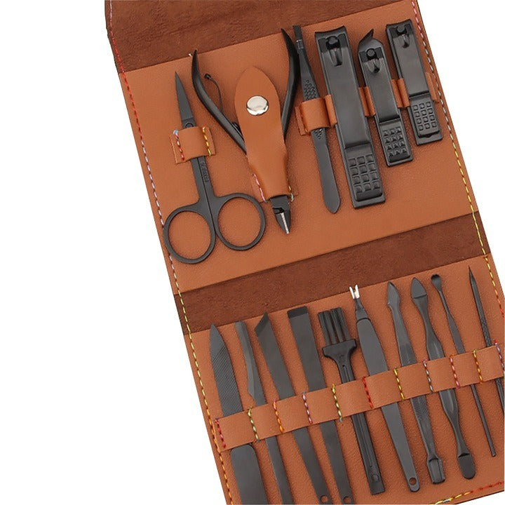 Trusă manichiură profesională 16 piese – oțel negru mat, carcasă piele eco