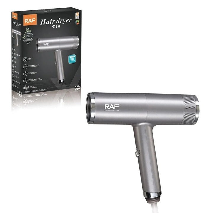 Uscator de par cu ioni negativi, RAF R474, 1600W, 2 viteze, buton de aer rece, 1 cap magnetic inclus, argintiu
