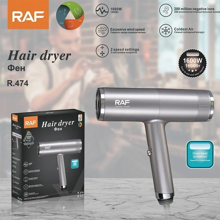 Uscator de par cu ioni negativi, RAF R474, 1600W, 2 viteze, buton de aer rece, 1 cap magnetic inclus, argintiu - Sanatate si