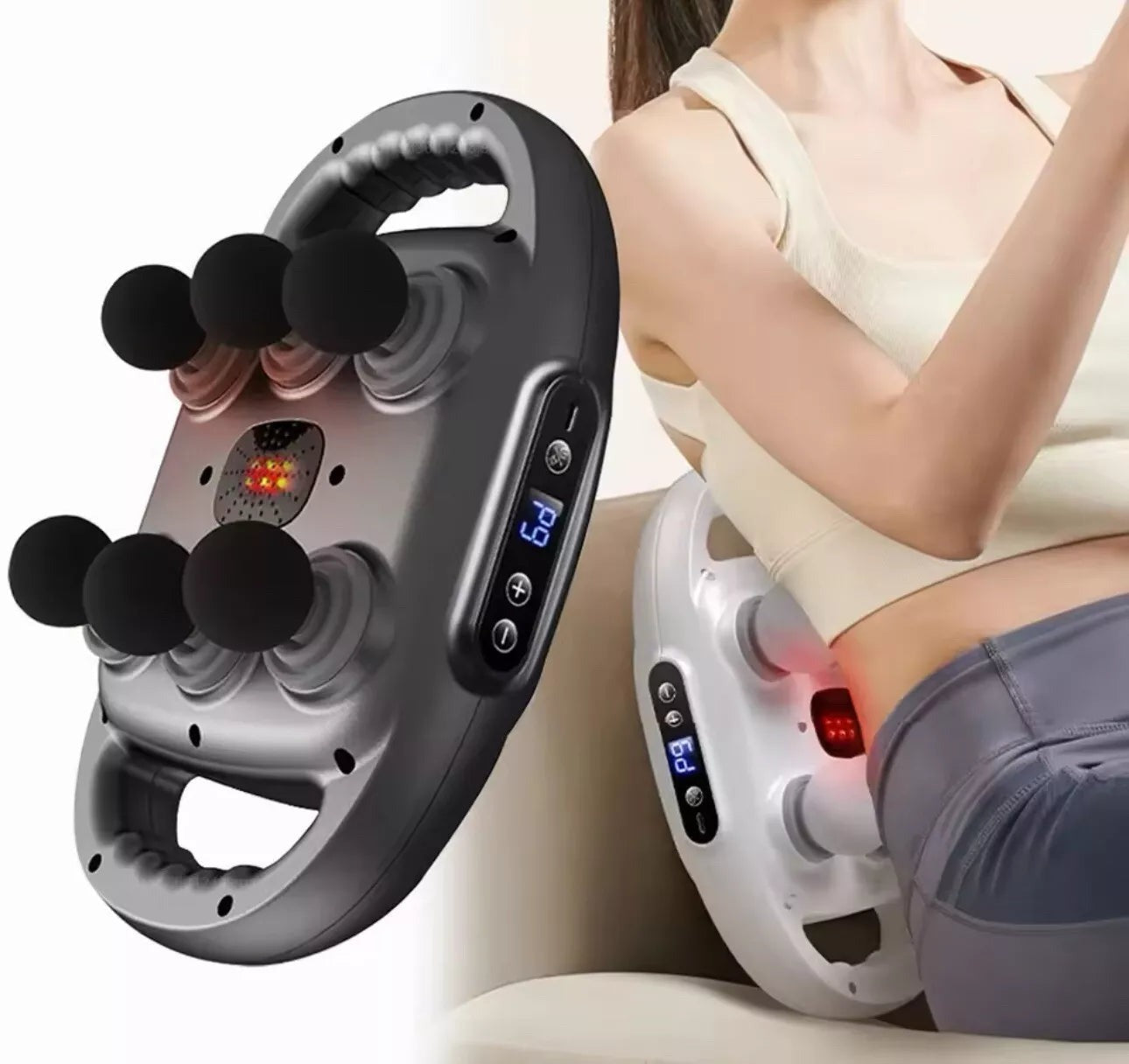 Aparat de Masaj Electric cu 6 Capete, Ecran LED, Silentios - Relaxare Musculara Acasa, Alb - Sport si timp liber