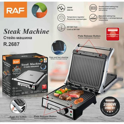 Grill Electric RAF R.2687 2000W pentru Sandvișuri & Steak, Plăci Antiaderente, Încălzire Dublă