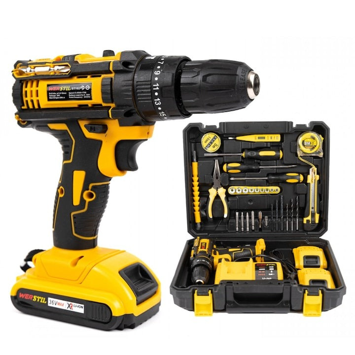 Trusa bormasina gaurit + insurubat - 2 acumulatori Li-Ion 36V/5Ah, 30 accesorii, cuplu reglabil - Sport si timp liber