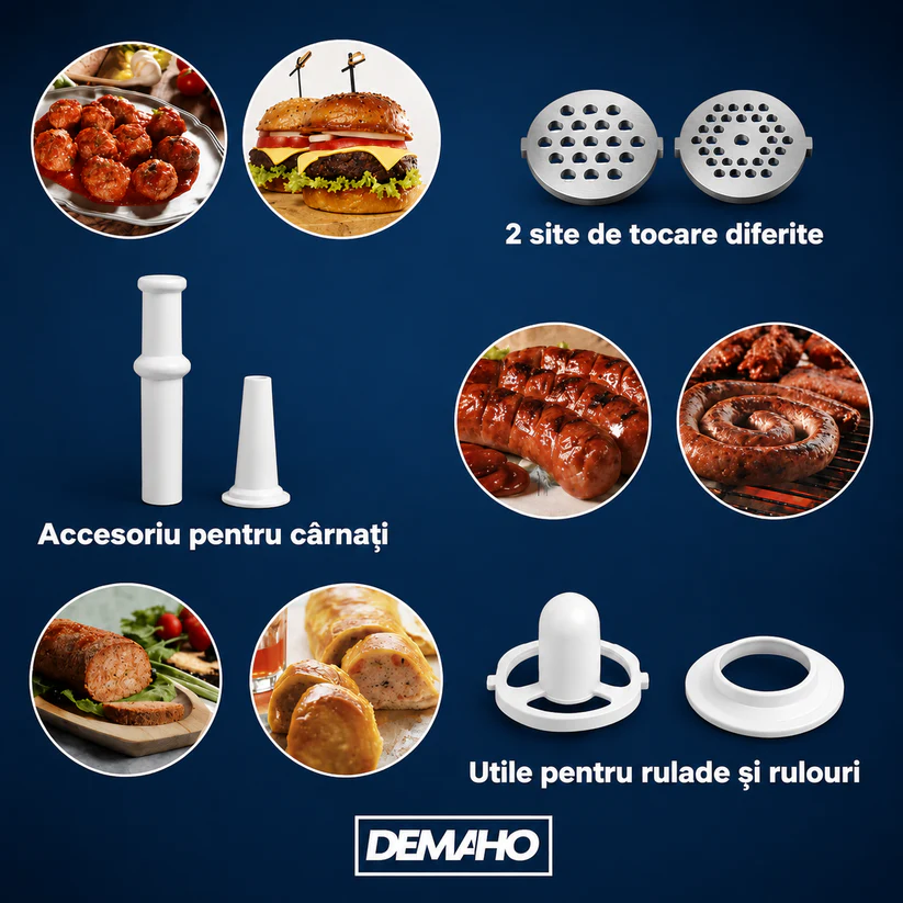 Masina De Carne DEMAHO 3000W - Tocare Rapida, Functie Reverse si Accesorii Pentru Carnati & Kibbe - Bucatarie si
