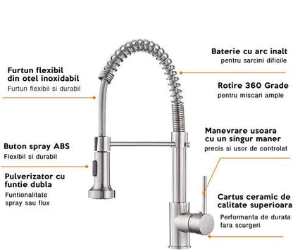 Baterie profesionala chiuveta - cu dus flexibil si 2 functii de curgere apa, argintie - Baie si sanitare