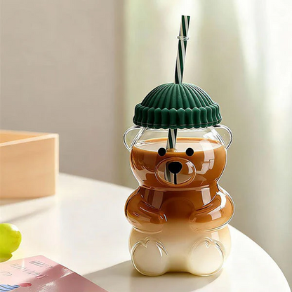 Pahar StarBucks Teddy Bear Din Sticla Cu Pai Si Capac 500ML Reutilizabil Verde - Copii si bebelusi