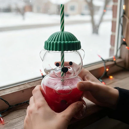 Pahar StarBucks Teddy Bear Din Sticla Cu Pai Si Capac 500ML Reutilizabil Verde - Copii si bebelusi