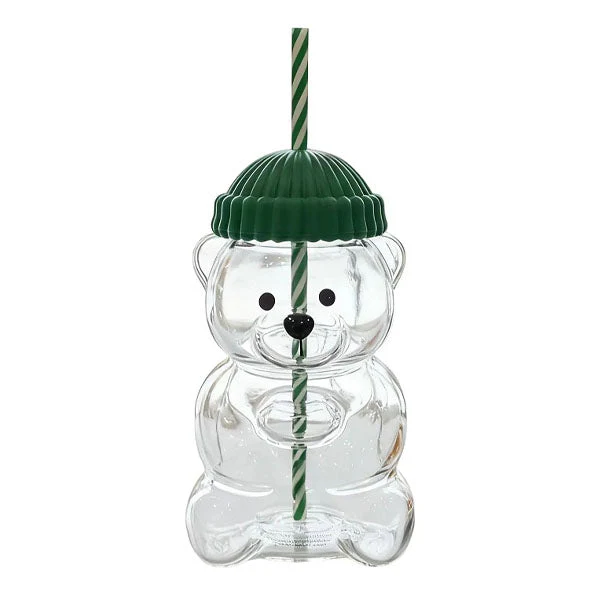 Pahar StarBucks Teddy Bear Din Sticla Cu Pai Si Capac 500ML Reutilizabil Verde - Copii si bebelusi