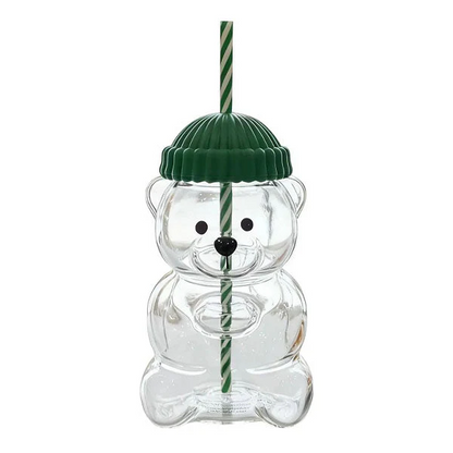 Pahar StarBucks Teddy Bear Din Sticla Cu Pai Si Capac 500ML Reutilizabil Verde - Copii si bebelusi