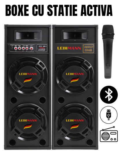 Boxe cu statie active profesionale LEIHMANN, Bluetooth, USB, SD Card, Radio, Microfon Cadou