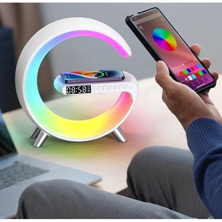 Boxă Bluetooth 3 în 1 – încărcător wireless 15W, lumină RGB, alb