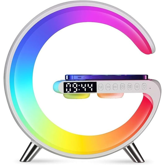 Boxă Bluetooth 3 în 1 – încărcător wireless 15W, lumină RGB, alb