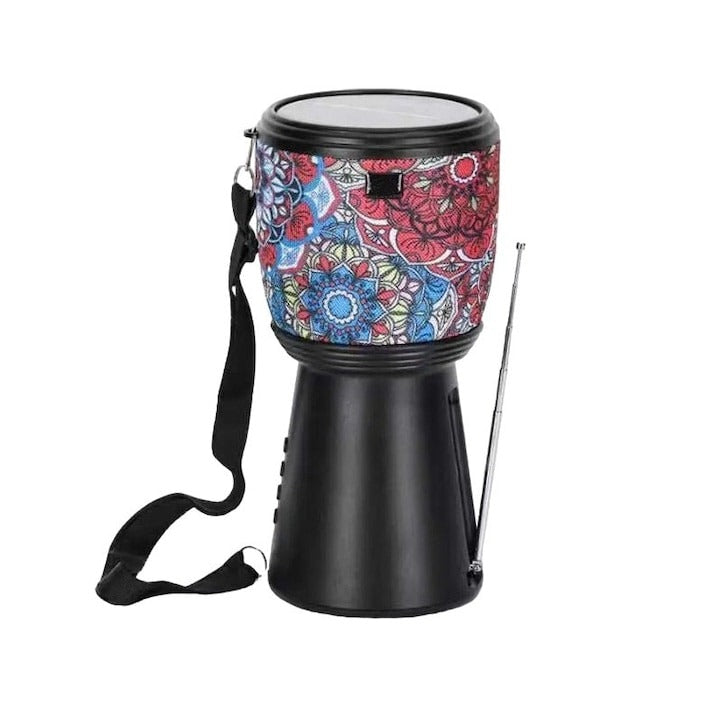 Boxa portabila, tip tarabana, conexiune bluetooth, incarcare solara, cu radio FM si lanterna, dimensiuni 18x14 cm, putere 10W,