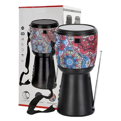 Boxa portabila, tip tarabana, conexiune bluetooth, incarcare solara, cu radio FM si lanterna, dimensiuni 18x14 cm, putere 10W,