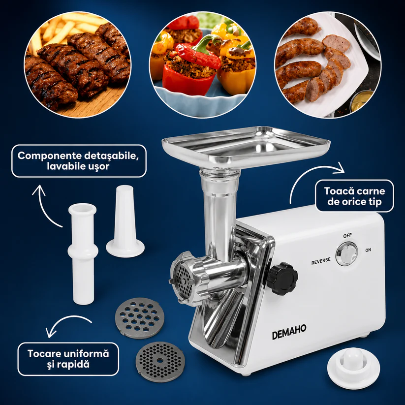 Masina De Carne DEMAHO 3000W - Tocare Rapida, Functie Reverse si Accesorii Pentru Carnati & Kibbe - Bucatarie si