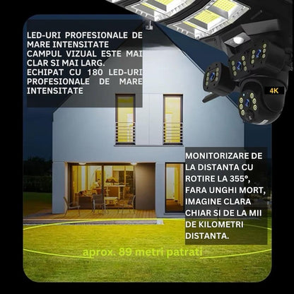 Cameră 4K 360° Solară 2in1 cu Lumină LED 450W, 4G/WiFi + Card Cadou 32GB