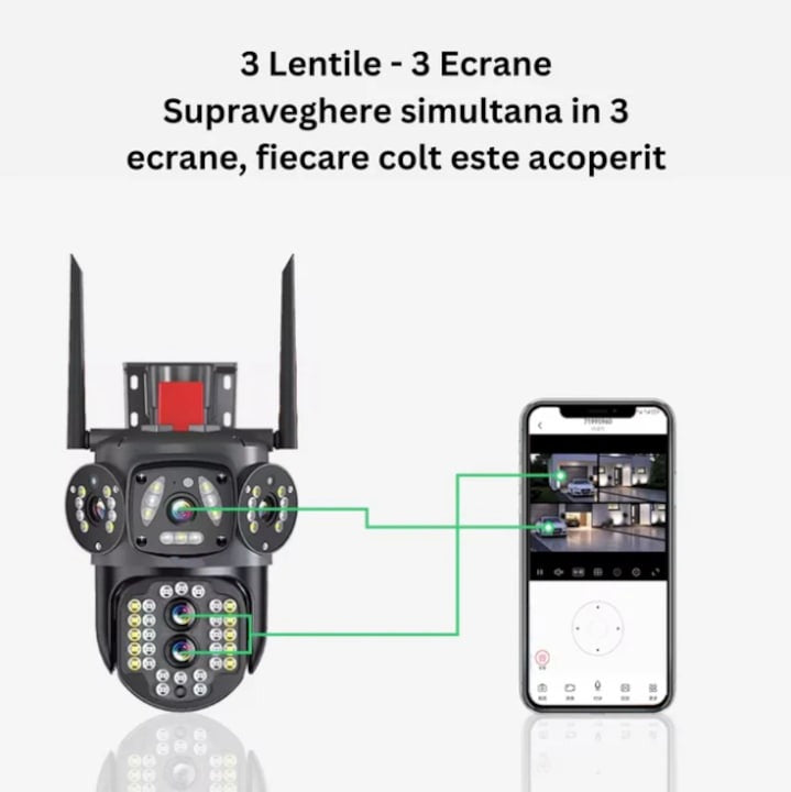 Cameră supraveghere WiFi 12MP 4K+, rotativă, AI Tracking, Night Vision Color, Card SD 32GB CADOU