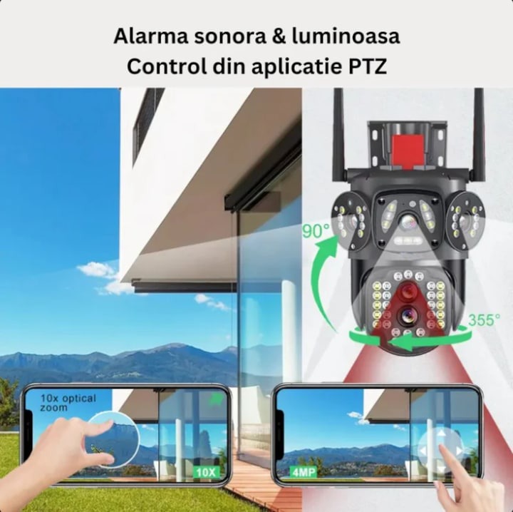 Cameră supraveghere WiFi 12MP 4K+, rotativă, AI Tracking, Night Vision Color, Card SD 32GB CADOU