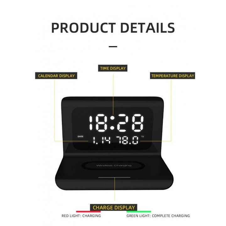 Ceas digital birou – încărcare wireless rapidă, alarmă, negru, compatibil iOS & Android