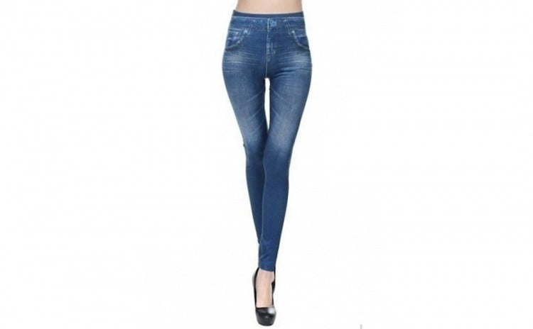 Colanți modelatori tip blugi, talie înaltă, efect push-up, culoare albastră - marime Universala