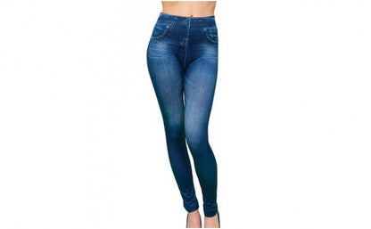 Colanți modelatori tip blugi, talie înaltă, efect push-up, culoare albastră - marime Universala