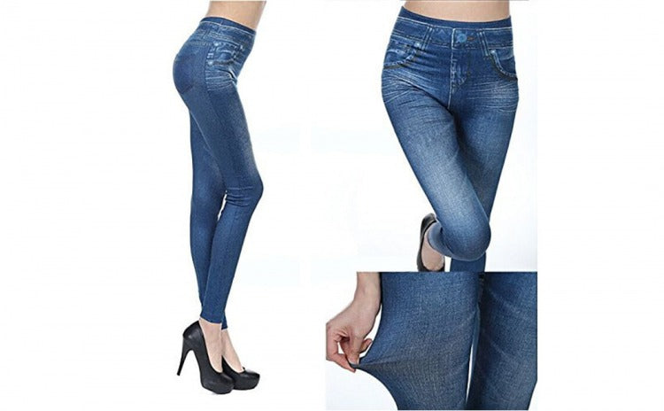 Colanți modelatori tip blugi, talie înaltă, efect push-up, culoare albastră - marime Universala