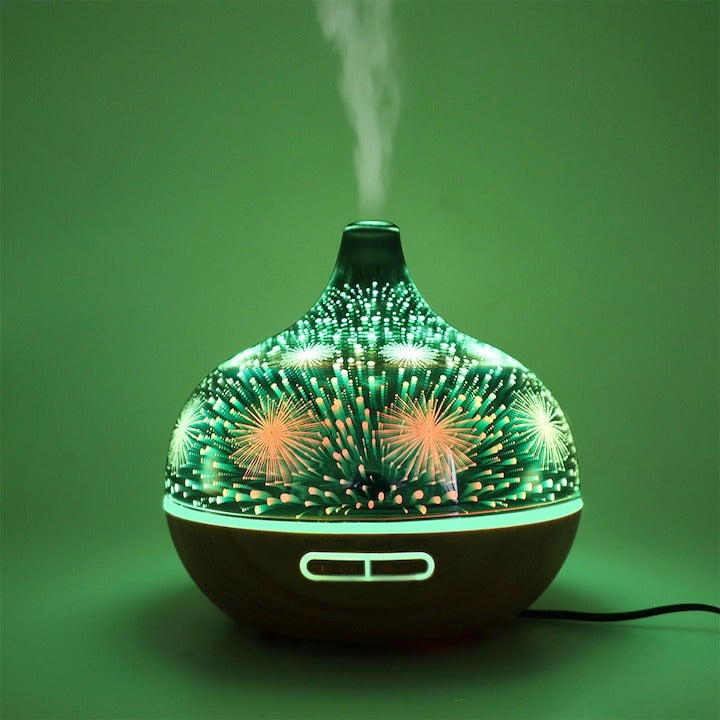 Difuzor aromaterapie 3D 500ml - umidificator ultrasunete, LED multicolor, telecomanda, model artificii - Curatenie si