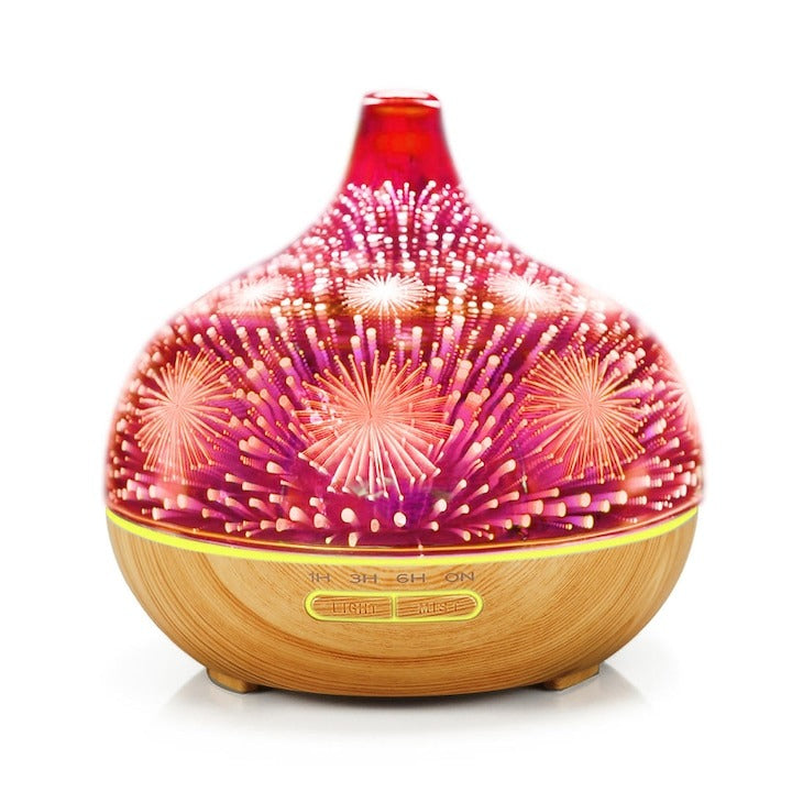 Difuzor aromaterapie 3D 500ml - umidificator ultrasunete, LED multicolor, telecomanda, model artificii - Curatenie si
