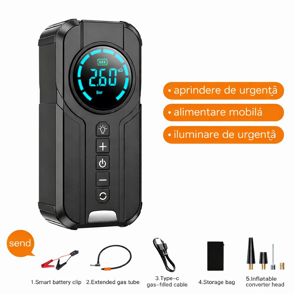 Redresor auto portabil 3 în 1 cu compresor aer 150 PSI, 1000A, power bank, lanternă LED