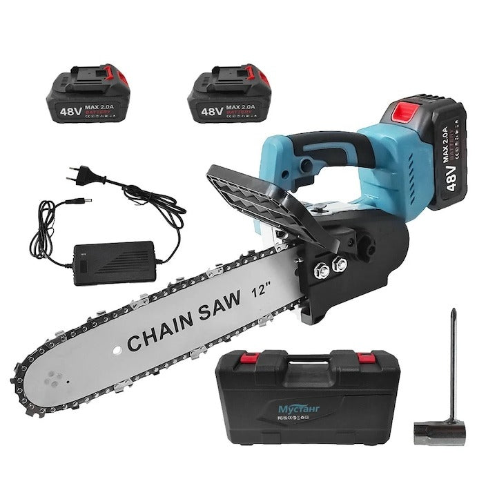 Drujbă electrică cu lanț 1200W – lamă 12”, 2 acumulatori 48V, 4200 RPM, ungere automată