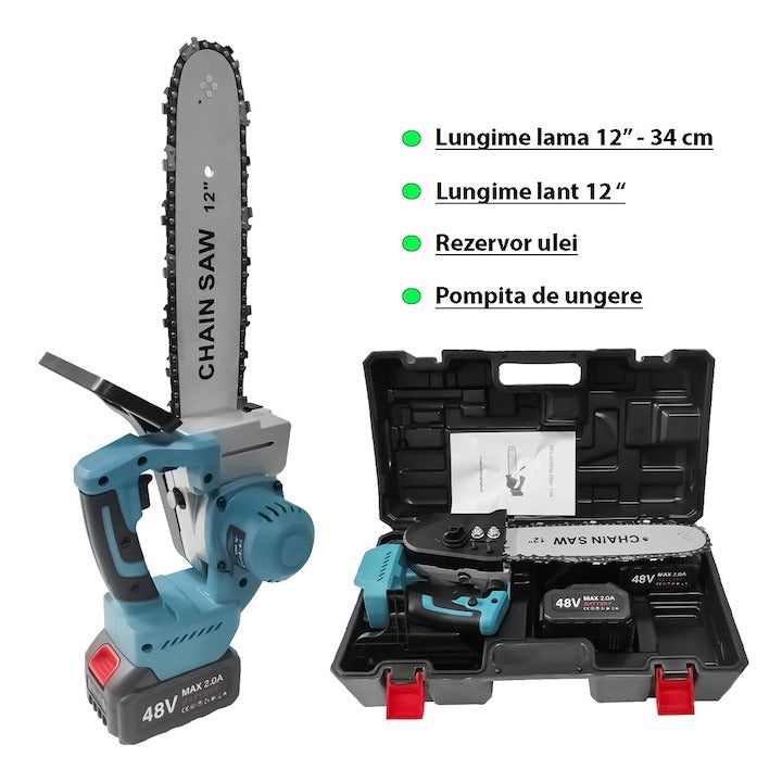 Drujba electrica cu lant 48V cu 2 acumulatori lama 30 cm ungere automata - Scule si bricolaj