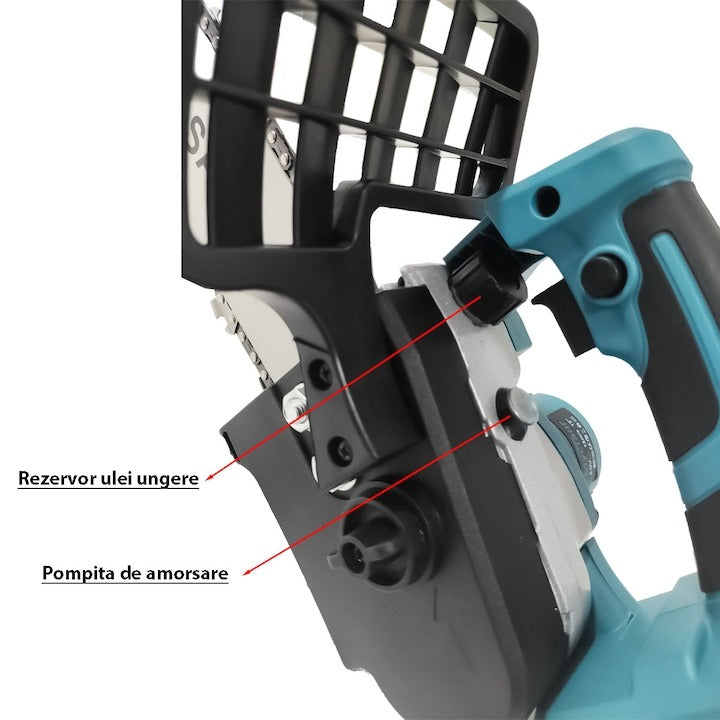 Drujbă electrică cu lanț 1200W – lamă 12”, 2 acumulatori 48V, 4200 RPM, ungere automată
