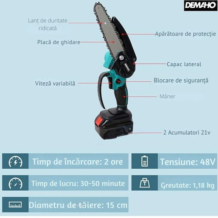 Drujba fierastrau portabil cu 2 acumulatori 48v, lama 6 inch/15 cm, 2 lanturi, fara fir, cutie transport