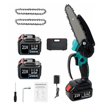 Drujbă fierăstrău portabil 48V – lamă 6”/15cm, 2 acumulatori, 2 lanțuri, cutie transport, Black Friday