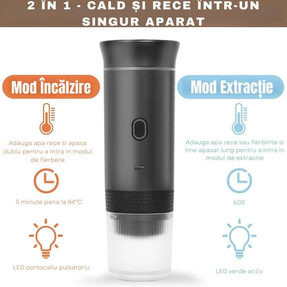 Espressor portabil 3 în 1 – 20 Bar, baterie 7500mAh, capsule Nespresso/Dolce Gusto și cafea măcinată, USB-C, Negru