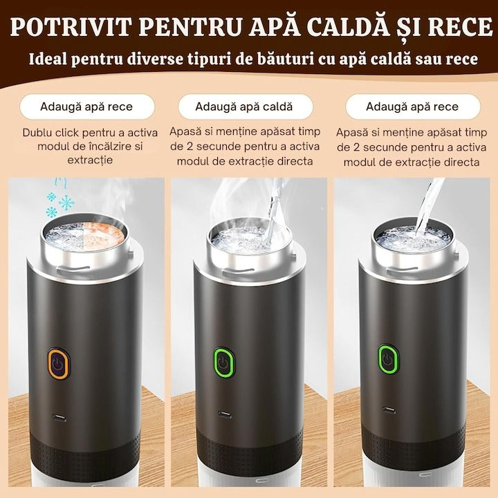 Espressor portabil 3 în 1 – 20 Bar, baterie 7500mAh, capsule Nespresso/Dolce Gusto și cafea măcinată, USB-C, Negru