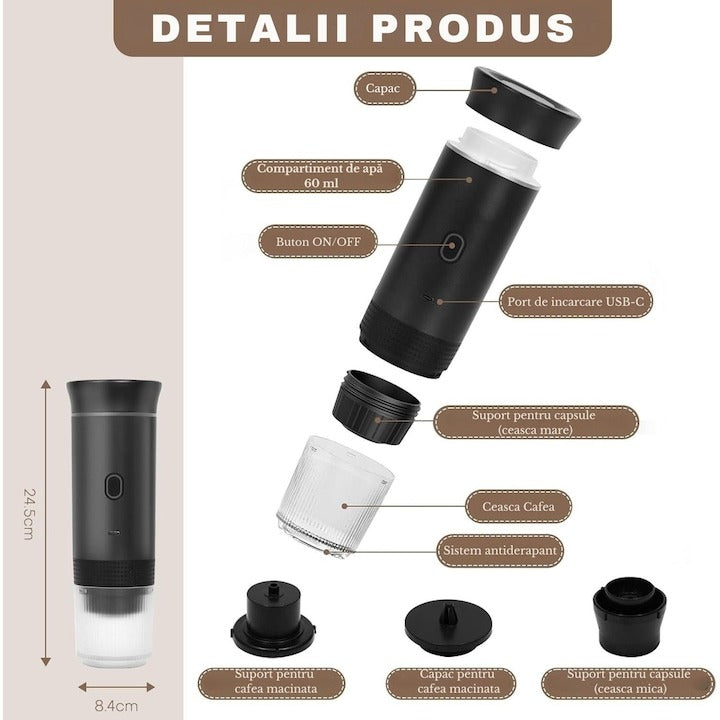 Espressor portabil 3 în 1 – 20 Bar, baterie 7500mAh, capsule Nespresso/Dolce Gusto și cafea măcinată, USB-C, Negru