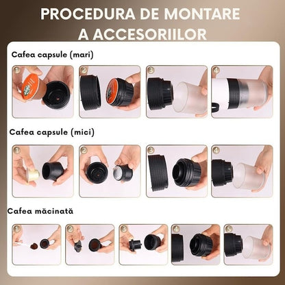 Espressor portabil 3 în 1 – 20 Bar, baterie 7500mAh, capsule Nespresso/Dolce Gusto și cafea măcinată, USB-C, Negru