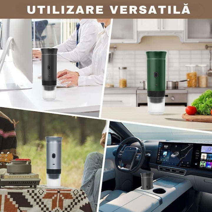Espressor portabil 3 în 1 – 20 Bar, baterie 7500mAh, capsule Nespresso/Dolce Gusto și cafea măcinată, USB-C, Negru