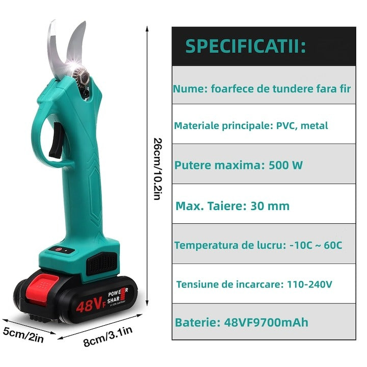 Foarfeca electrica pentru gradinarit 48V, 2 baterii, 2 lame din Otel Carbon, ideala pentru vita de vie si crengi