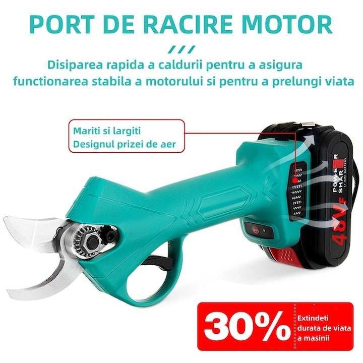 Foarfeca electrica pentru gradinarit 48V, 2 baterii, 2 lame din Otel Carbon, ideala pentru vita de vie si crengi