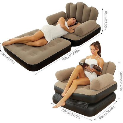 Fotoliu gonflabil pliabil 2 în 1 – multifuncțional dormitor/living, maro-negru, cu pompă