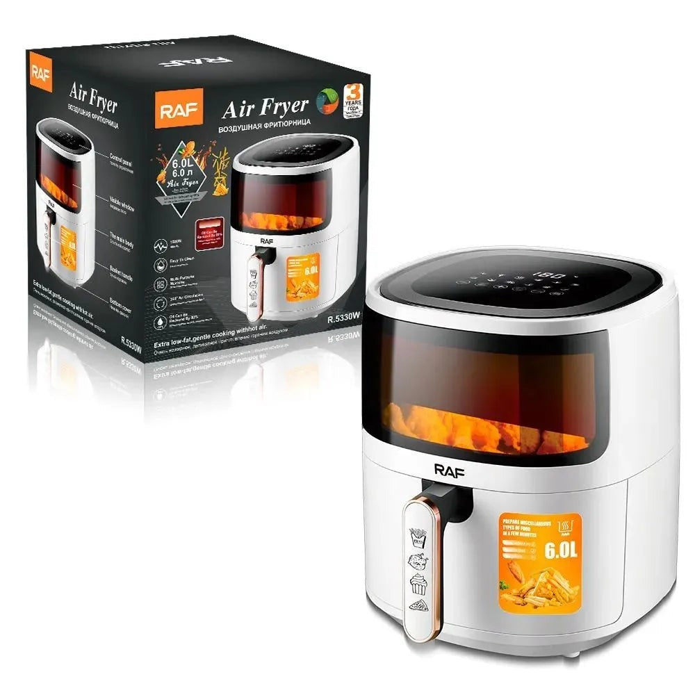 Friteuza cu Aer Cald RAF R.5330W 6L - Airfryer fara ulei, sticla transparenta, Touch Screen digital - 50 hartii incluse