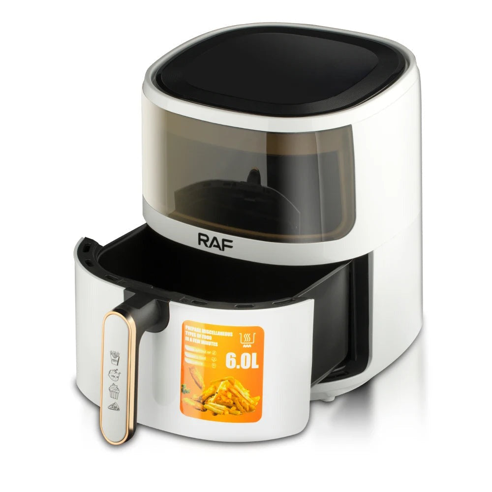 Friteuza cu Aer Cald RAF R.5330W 6L - Airfryer fara ulei, sticla transparenta, Touch Screen digital - 50 hartii incluse